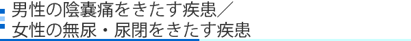 男性の陰嚢痛をきたす疾患／女性の無尿・尿閉をきたす疾患