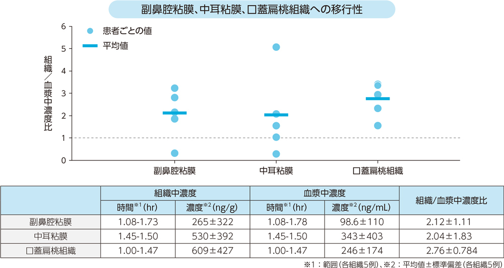 副鼻腔粘膜、中耳粘膜、口蓋扁桃組織への移行性